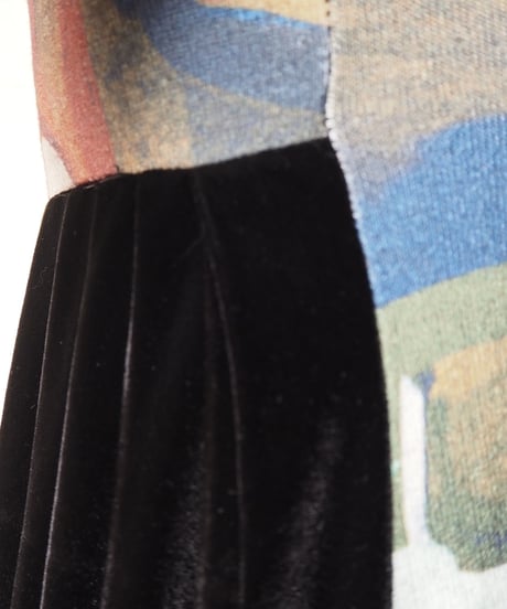 Cubism Pattern×Pleated Velour Dress BLBK