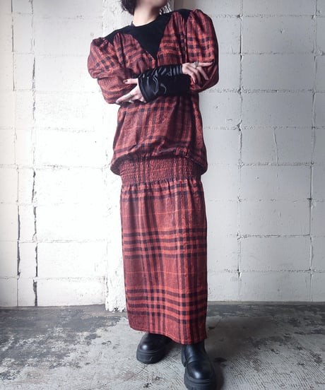 Velour×Check longcuff Dress ORBK