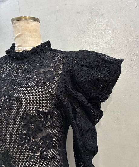 Gathered Puff Sleeve Lace Bodysuit BK