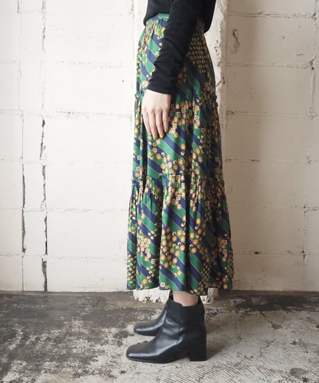 Stripe × Small Pattern Tiered Skirt NVGN
