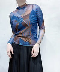 Mock Neck Geometric Pattern Sheer Tops BLBR
