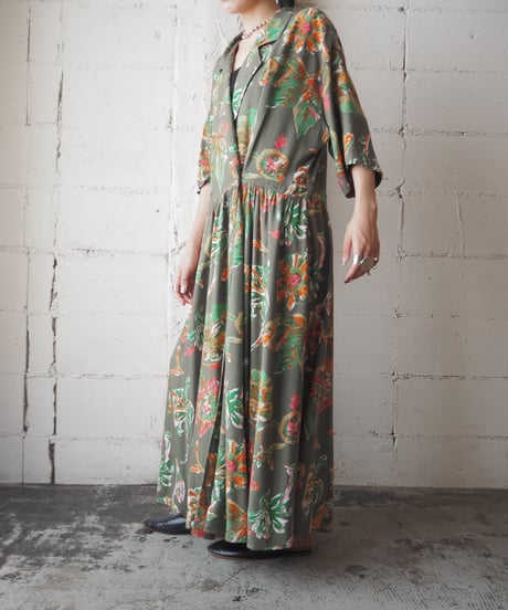Open Collar Botanical S/S Pattern Dress KAGNPI