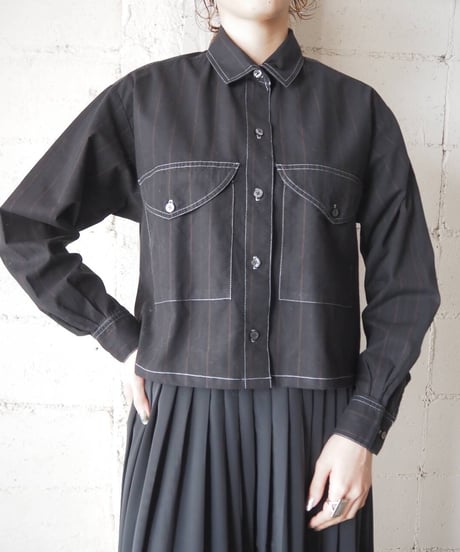 Remake White Stitch Stripe Short Shirt BK