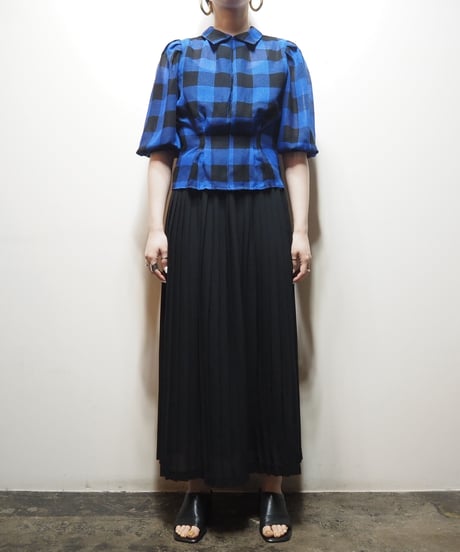 Puff Sleeve Sheer Plaid Blouse BK BL