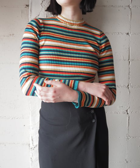 Multi Stripe Rib Knit BK WH YE RE GN