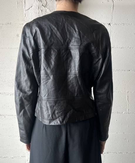 Collarless Snap Button Leather Jacket BK
