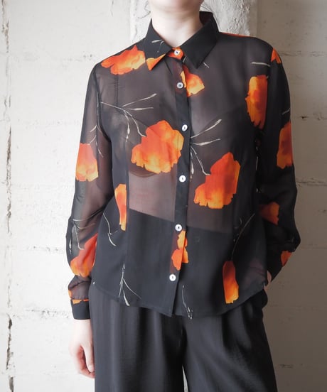 Flower Print Sheer Shirt BKOR