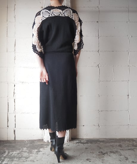 Crochet×Knit Half Sleeve Dress BK