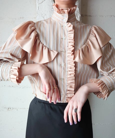 Frilled × Stripe Stand Collar Blouse BE