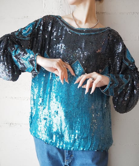 1970’s Pattern Bicolor Sequin Tops BLBK