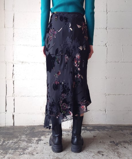 Seethough×Velour Flower Pattern Skirt BK