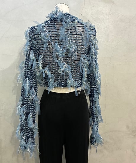 Fringe Tulle Textured　Mock Neck Short Tops BL