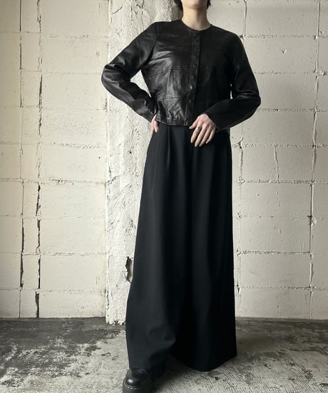 Collarless Snap Button Leather Jacket BK