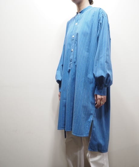 1940〜50's EURO Band Collar Stripe Grandpa Shirt BL