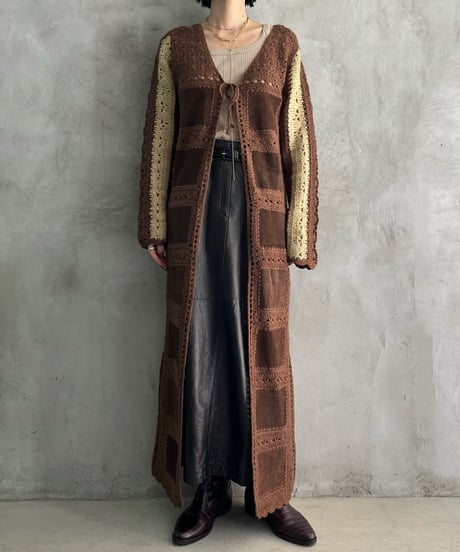 Crochet Knit Leather Mix Long Cardigan BRBE