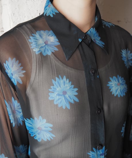 Flower Print Sheer Silk Shirt BKBL