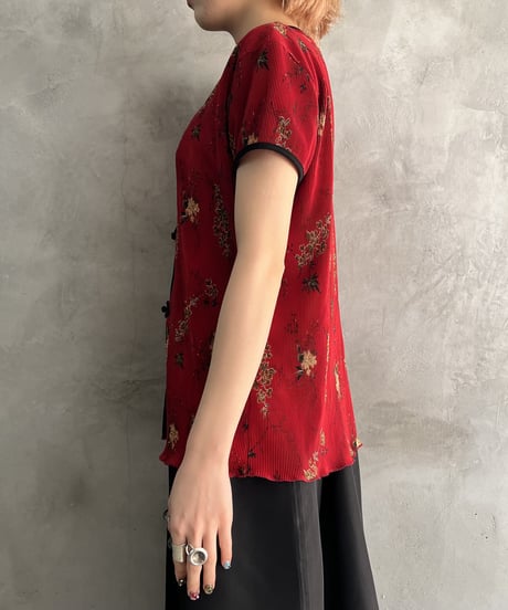 Flower Pattern Pleated China Blouse REBK