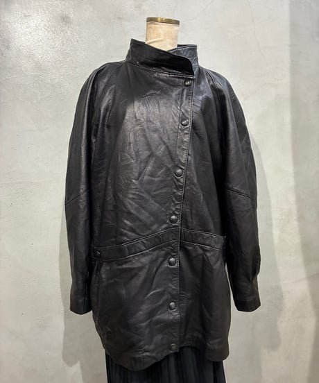 Stand Collar Dolman Sleeve Leather Coat BK