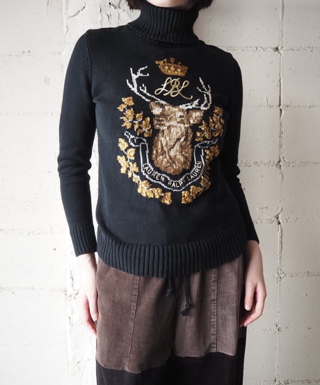 LAUREN Intarsia Deer Turtleneck Sweater BK BE YE