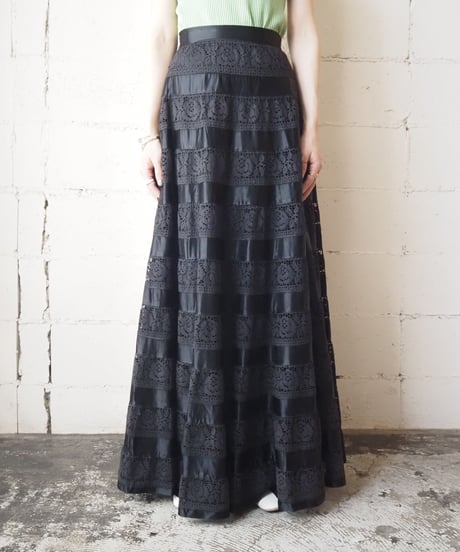 Satin×lace  Tiered Skirt BK