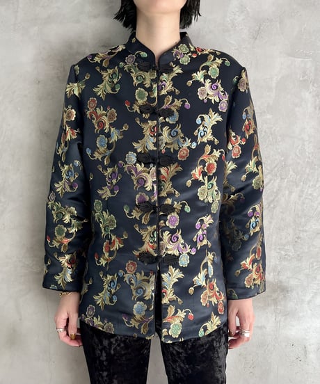 Botanical Pattern Satin China Blouse BKGN