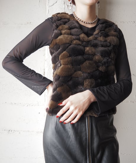 Fake Fur×Rib Knit Vest DBR