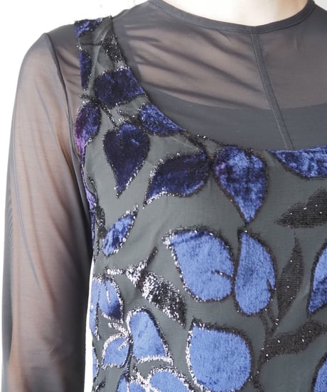 Velour × Sheer Leaf Pattern Dress NVBK