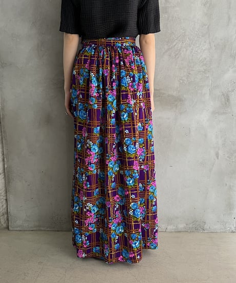 Check×Flower Pattern Volume Skirt PURBL