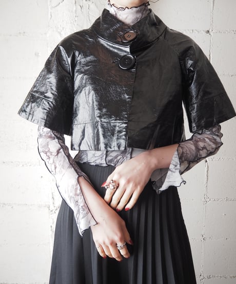 Stand Collar Patent Short Jacket BK