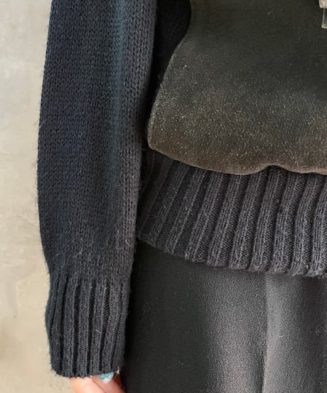 Leather Switching Fringe Knit BK