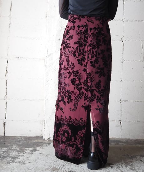 Velour × Sheer Botanical Pattern Tight Skirt BUR