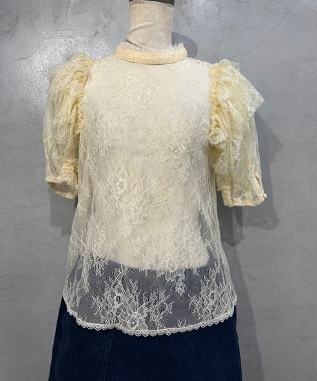 Short Sleeve Band Collar Lace Blouse IV