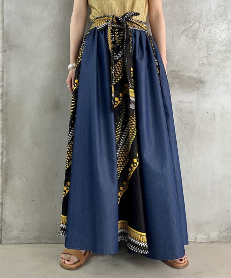 Denim × Batik Flared Skirt BLYE
