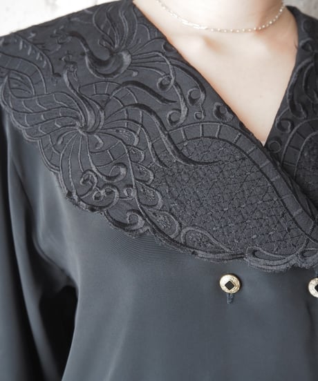 1980's Embroidery Collar Double Breasted Blouse BK