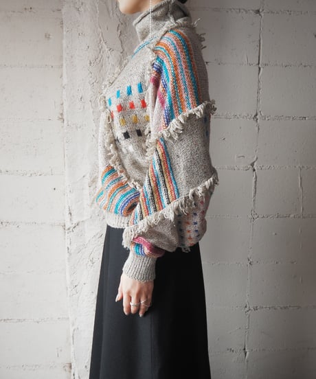 Dolman Sleeve Fringe Colorful Sweater GR