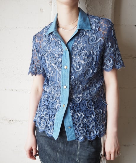 ESCADA Lace×Sequins Open Collar Shirt BL