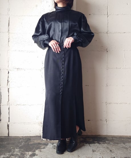 Turnover Collar Front Tuck Satin Blouse BK