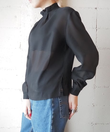 Stand Frill Collar Sheer Blouse BK