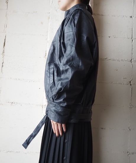 Stand Collar Belted Leather Jacket BK