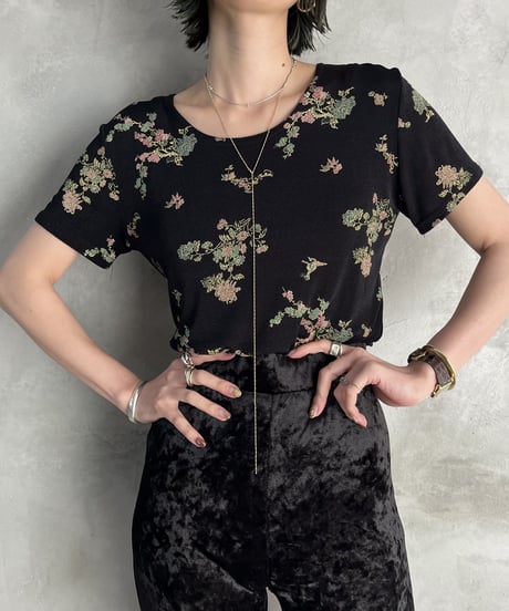 Spandex Flower Pattern Short Sleeve Blouse BKGN