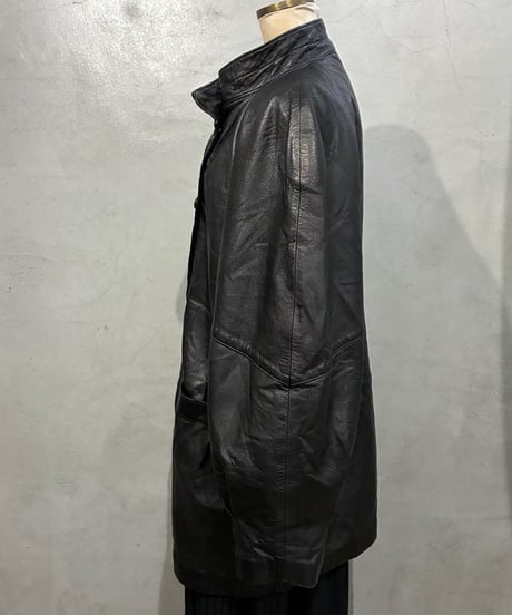 Stand Collar Dolman Sleeve Leather Coat BK