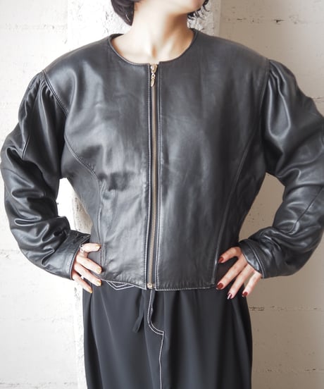 Collarless Puff Sleeve Leather Jacket BK