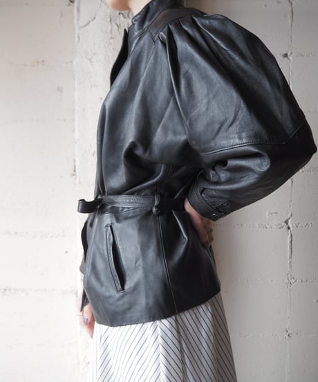 Tuck Shoulder Stand Collar Leather Jacket BK