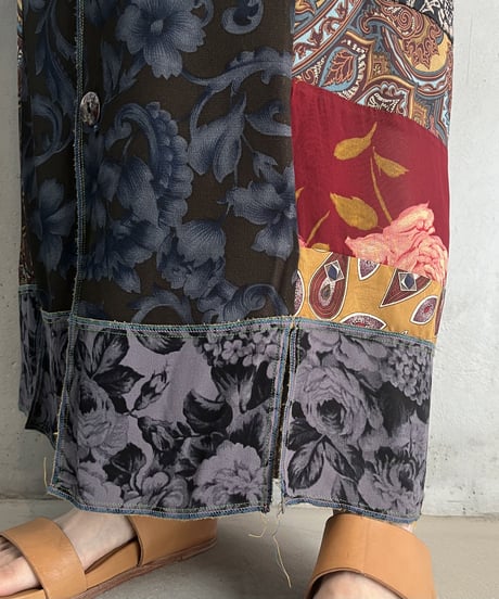 Patchwork Design Front Botton Skirt BURBL
