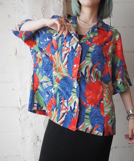 Open Collar Flower Shirt BL GN OR