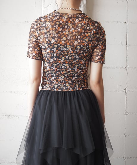 S/S Flower Pattern Sheer Tops BKOR