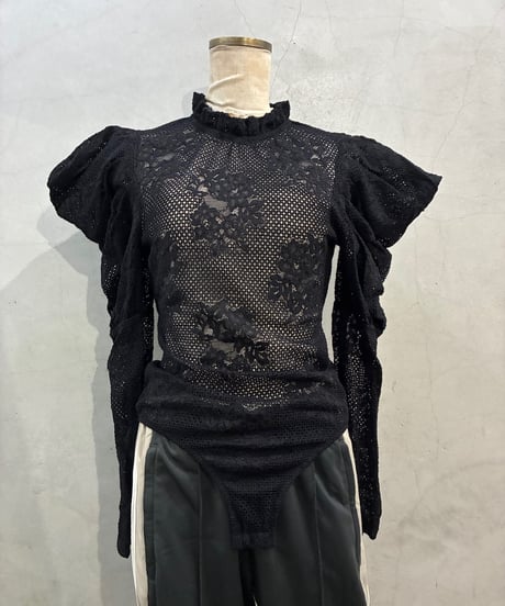 Gathered Puff Sleeve Lace Bodysuit BK