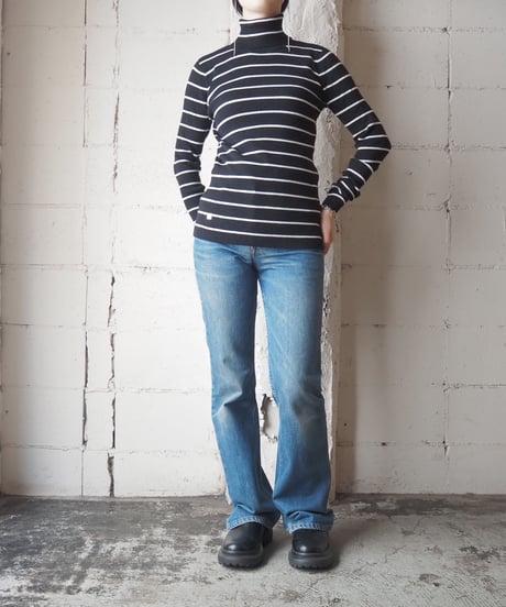 LAUREN Border Turtle Neck Knit BK WH