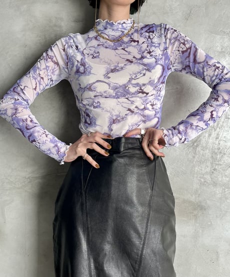 Marble Pattern Frilled See Through Tops PURWH