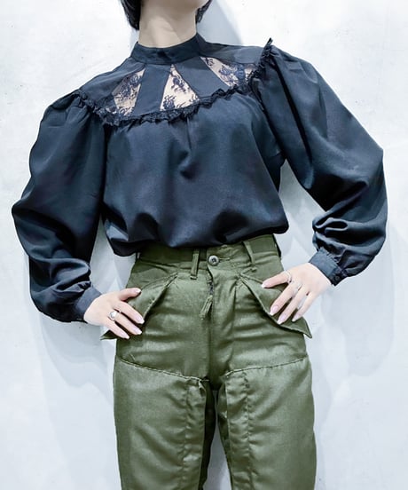 Sheer Lace Band Collar Blouse BK